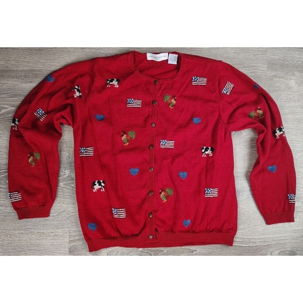 Marisa‎ Christina Womens Cardigan L Embroidered Red Sweater Ramie/Cotton/Wool